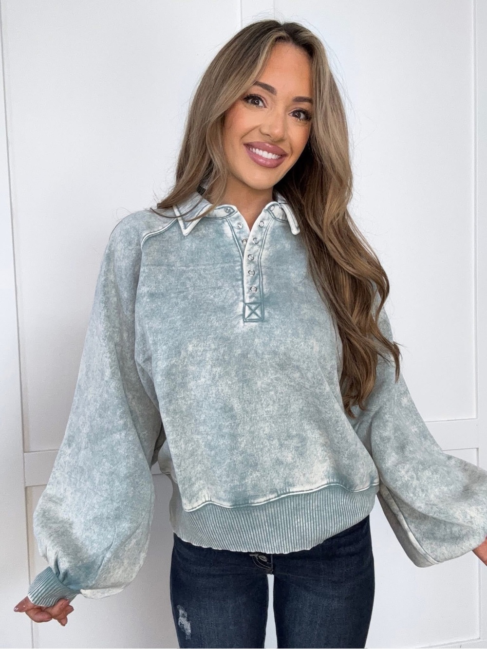 Zenana Button Up Balloon Sleeve Pullover - S/M